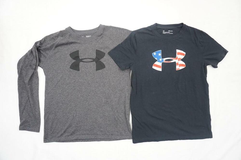 LOT OF 2 UNDER ARMOUR USED BOYS M ATHLETIC LONGSLEEVE SHIRT/T-SHIRT GREY/BLACK